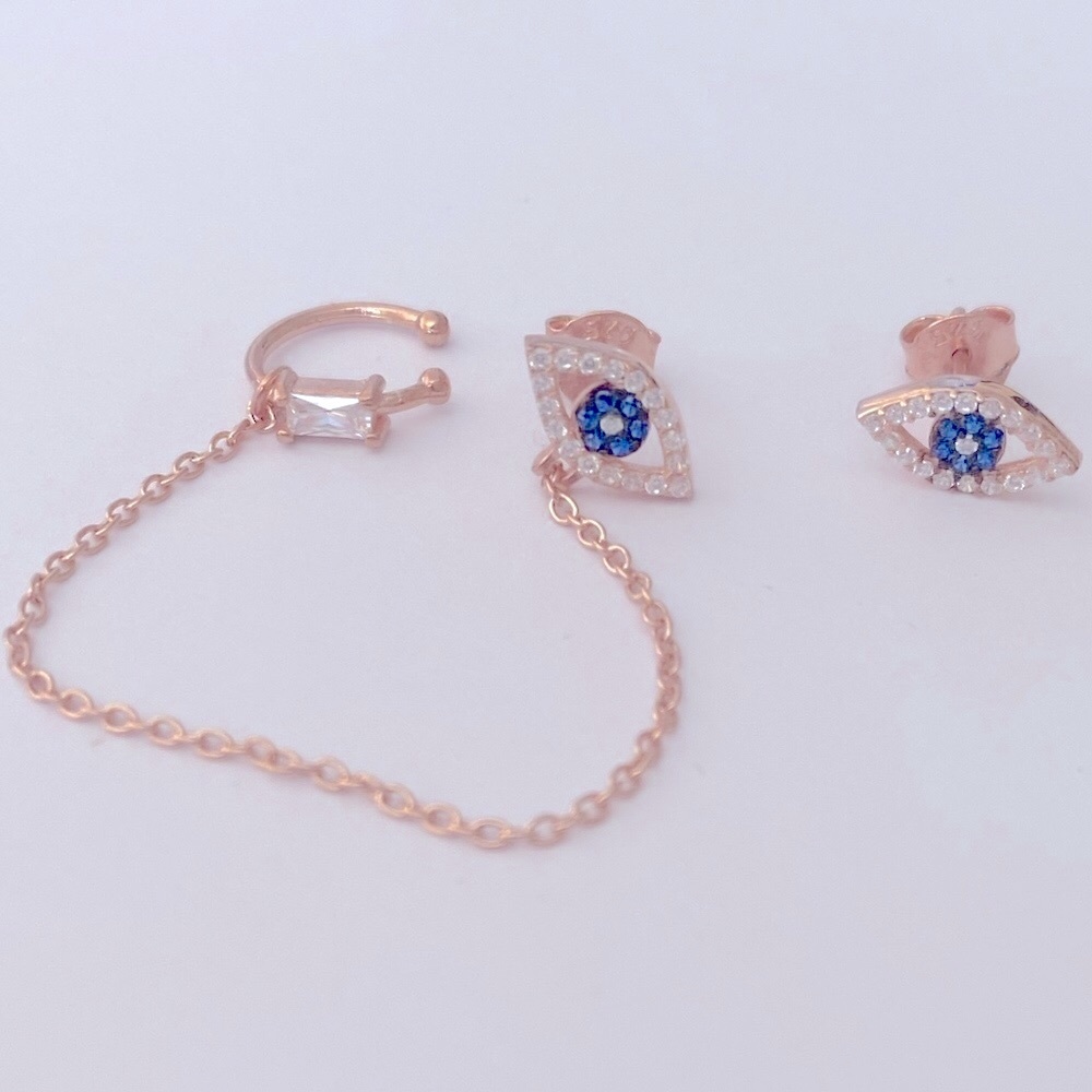 925 Silver evileye zirconia cz earrings with chain cuff 14k rose gold plated